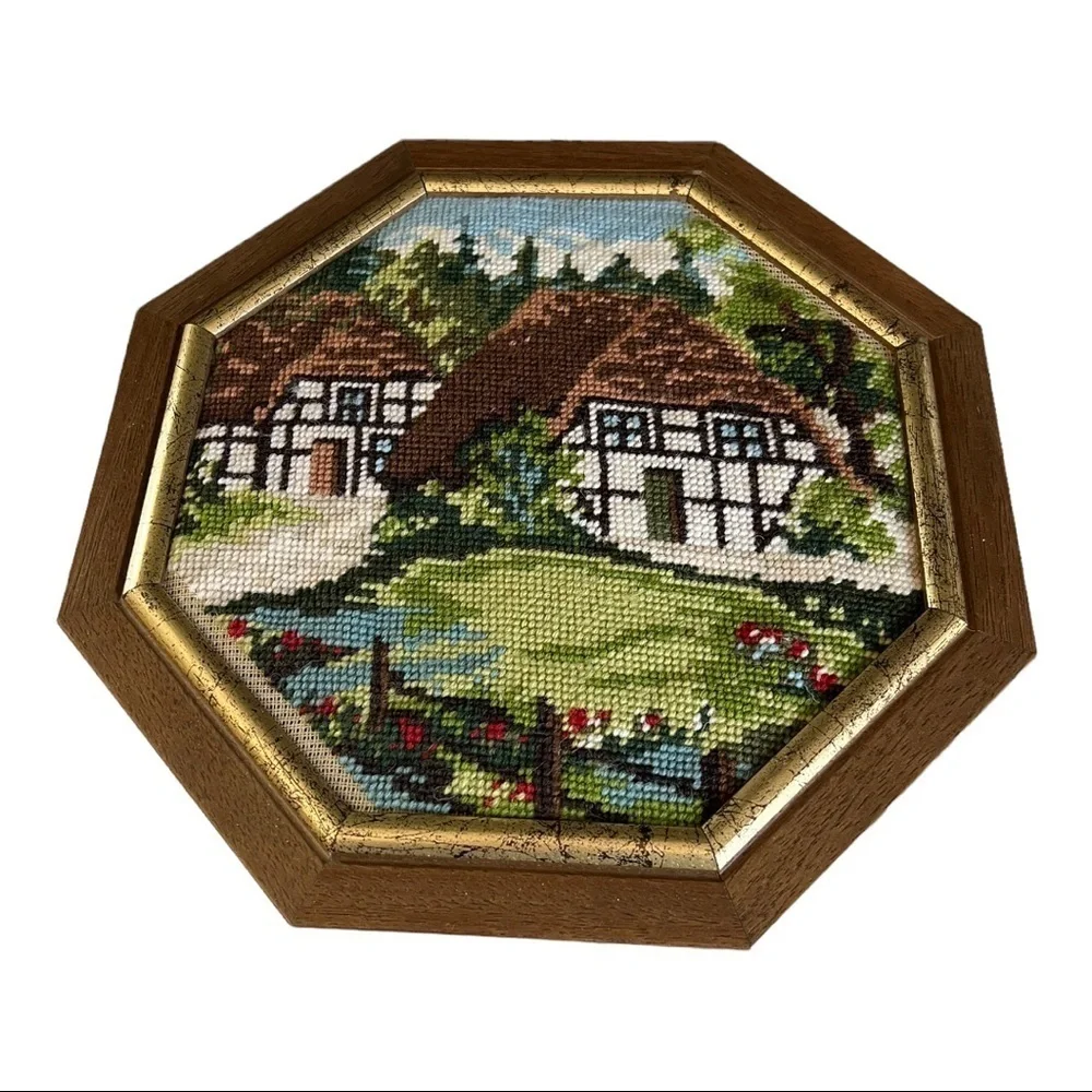 Vintage Gobelin Needlepoint Cottage Picture 12”